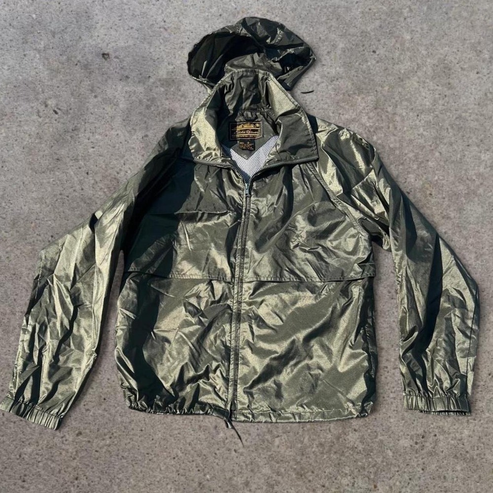 Vintage 90s Eddie Bauer Metallic Olive Hooded Windbreaker Medium Made In USA